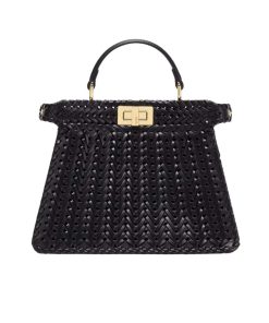 Fendi Peekaboo Iseeu Camellia Interlace Leather Bag Black 28Cm