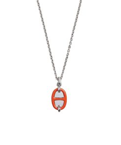 Hermes Mini Maillon Pendant Small Model Necklace Silver Tone With Orange H100053Fpd1