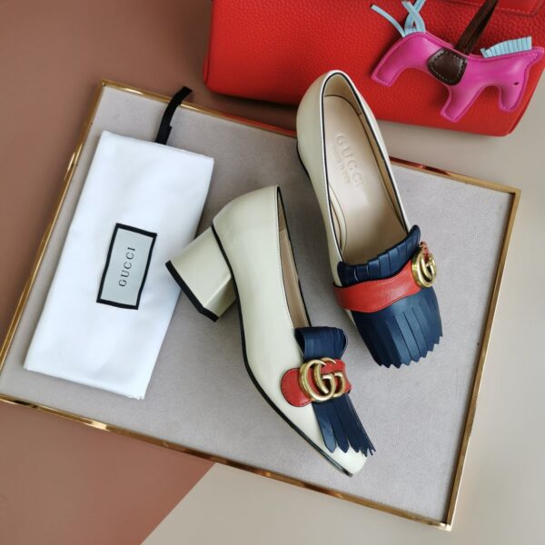 Gucci Wmns White And Blue Leather Mid-Heel Pump - Image 8