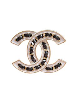 Chanel Cc Brooch White With Black Interwoven Chain Pattern