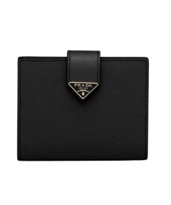 Prada Saffiano Leather Vertical Short Wallet Flap Triangle Logo Black 10Cm