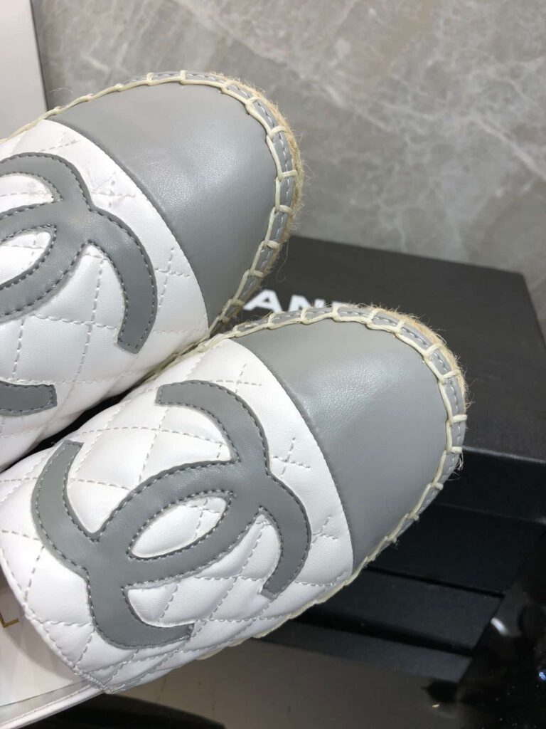 Chanel Embroidered Espadrille Leather Grey Cap Toe Flats White - Image 2