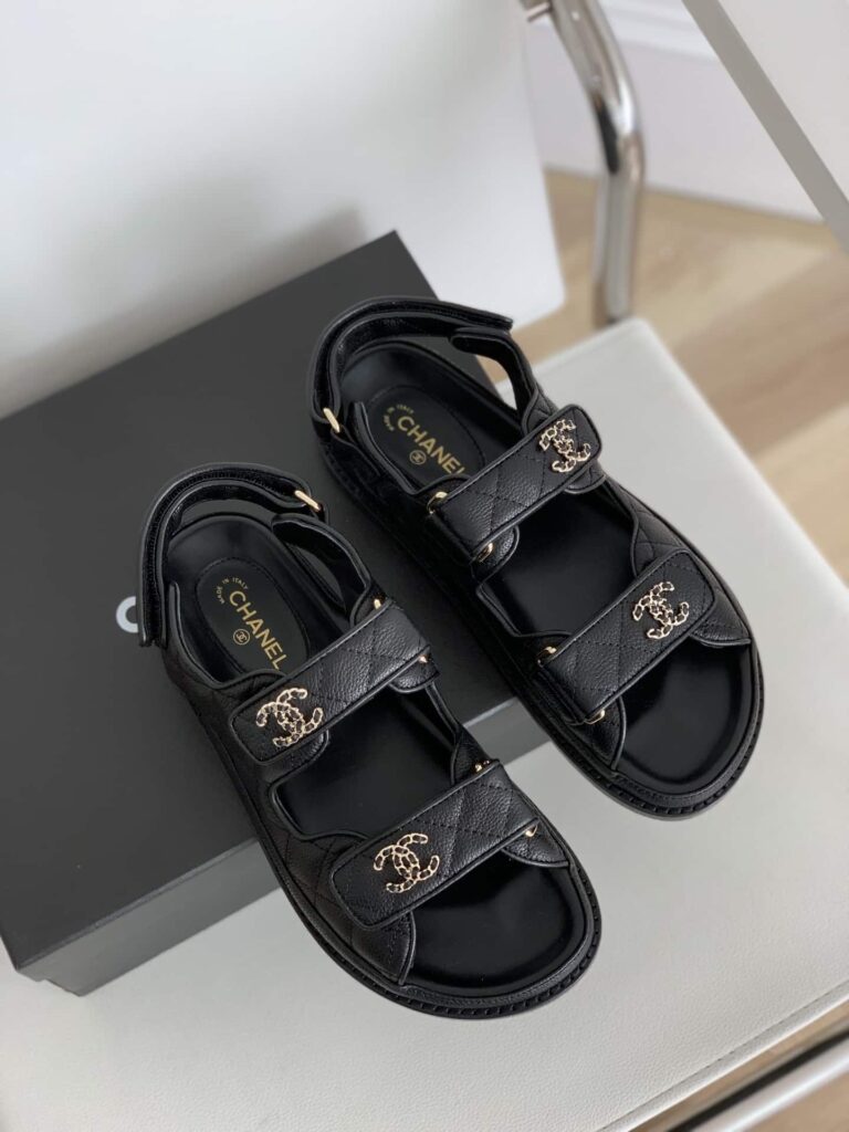 Chanel Cc Button Velcro Black Sandals Grained Calfskin Leather - Image 2