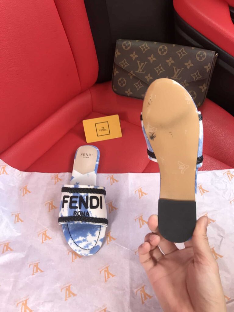 Fendi Logo-Embroidered Mule Slides Light Blue - Image 2
