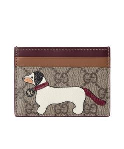 Gucci Bi-Color Gg Card Case With Dog Detail Beige And Dark Brown 11Cm