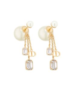 Dior Tribales Earrings Gold Finish Metal With White Resin Pearls And Silver Tone Crystals