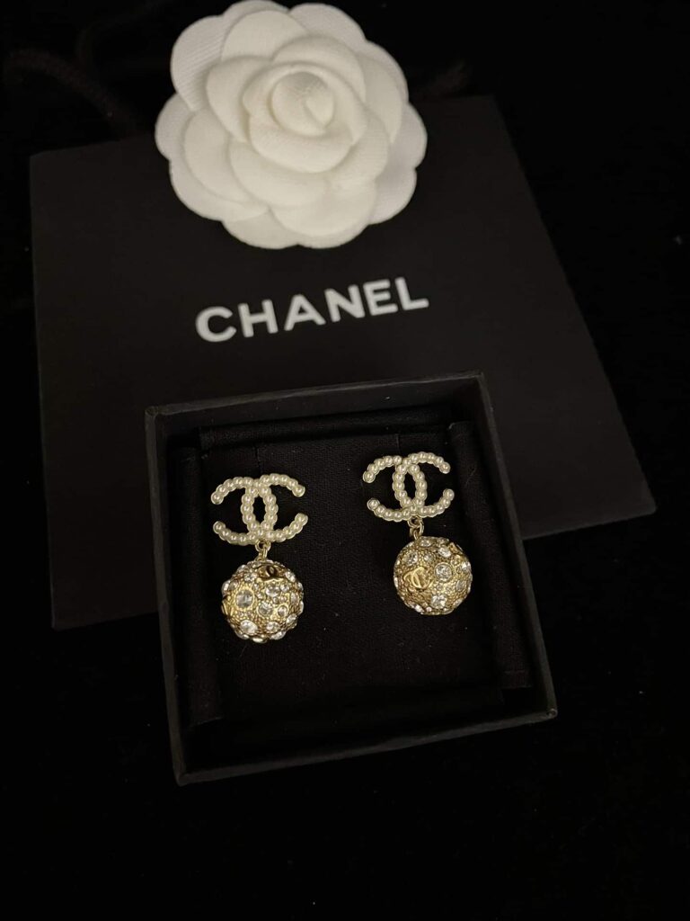 Chanel New Cc Gold Ball Crystal Pearl Drop Earrings - Image 5