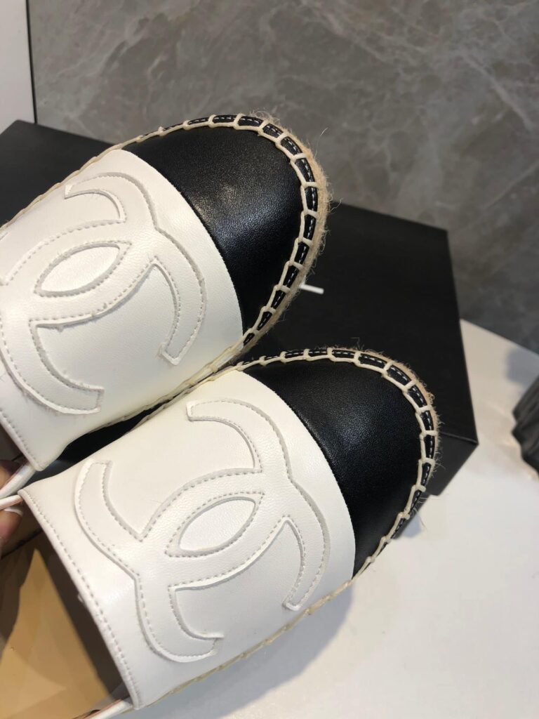 Chanel Embroidered Espadrille Leather Black Cap Toe Flats White Cc - Image 6