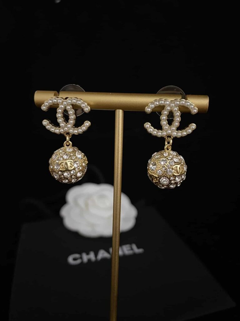 Chanel New Cc Gold Ball Crystal Pearl Drop Earrings - Image 6
