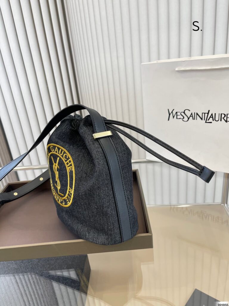 Saint Laurent Rive Gauche Laced Bucket Bag In Embroidered Felt And Smooth Leather Denim Black - Image 2