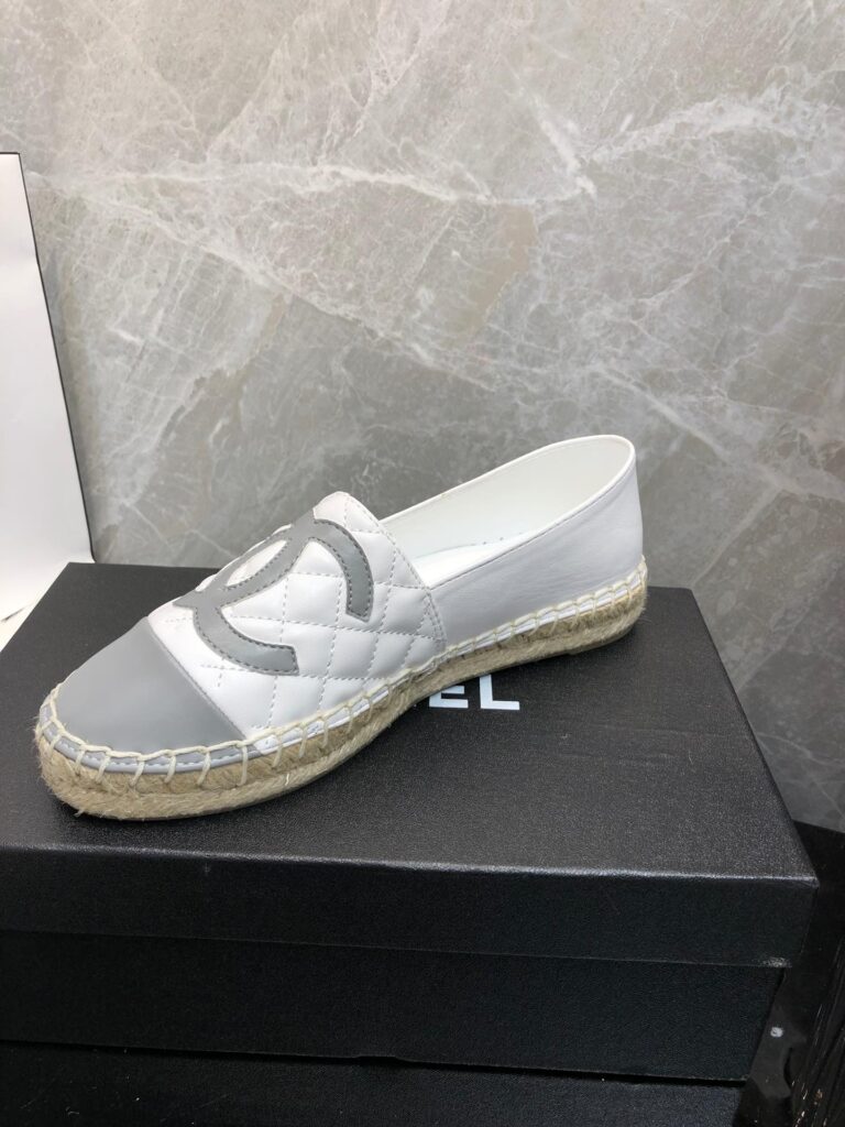 Chanel Embroidered Espadrille Leather Grey Cap Toe Flats White - Image 3