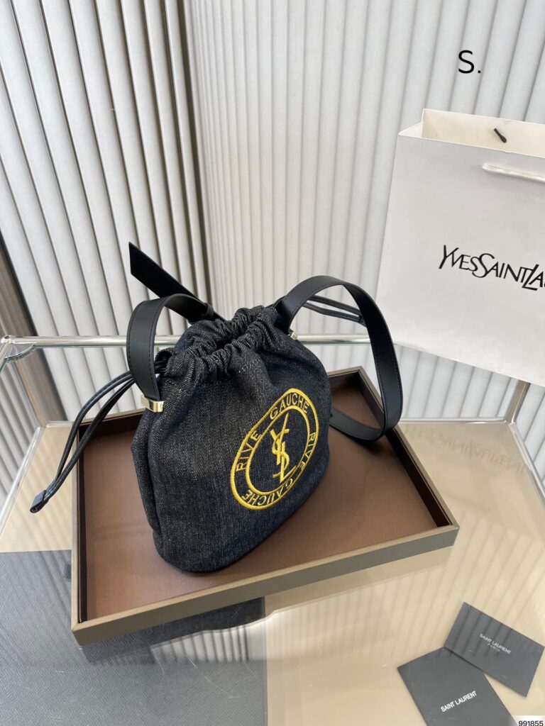 Saint Laurent Rive Gauche Laced Bucket Bag In Embroidered Felt And Smooth Leather Denim Black - Image 4