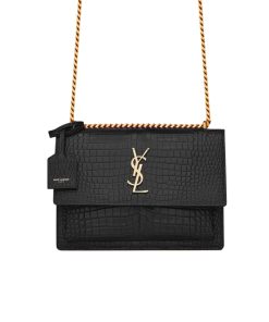 Saint Laurent Sunset Medium In Crocodile Embossed Leather Black 22Cm 442906Dnd0J1000