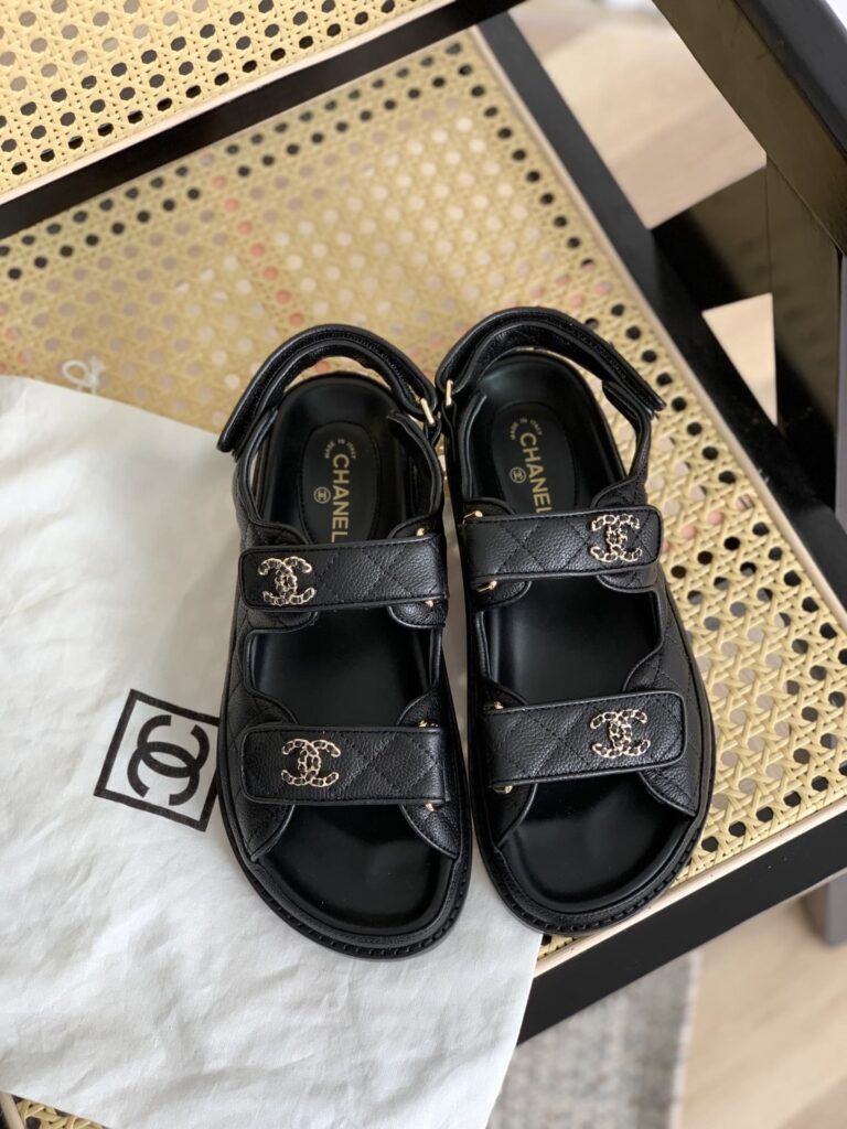 Chanel Cc Button Velcro Black Sandals Grained Calfskin Leather - Image 6