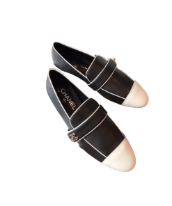 Chanel Leather Cc Cap Toe Slip On Loafers Black