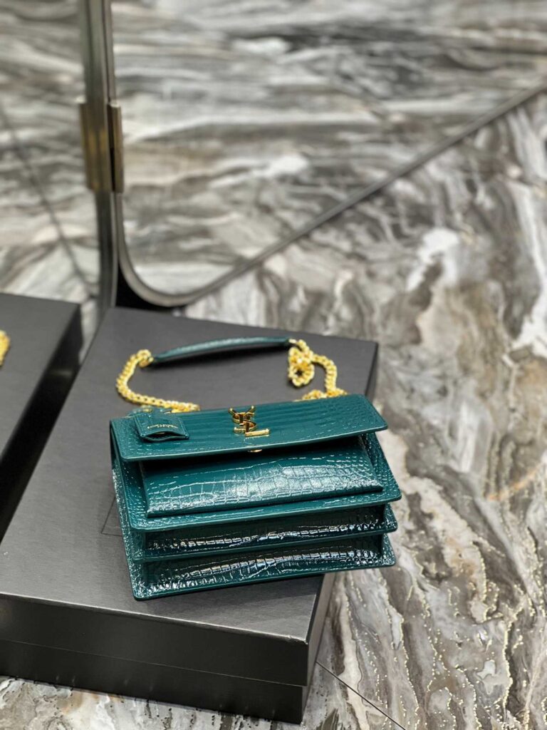 Saint Laurent Sunset Medium Chain Bag In Crocodile-Embossed Shiny Leather Mint 442906Dnd0J3144 - Image 6