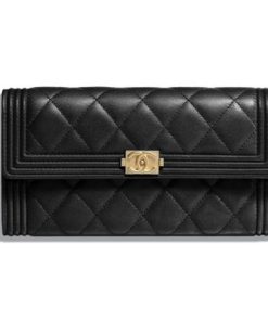 Chanel Boy Long Flap Black Gold Wallet A80286 Y07659 94305