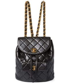 Chanel Women Black Lambskin Leather Quilted Backpack 24Cm