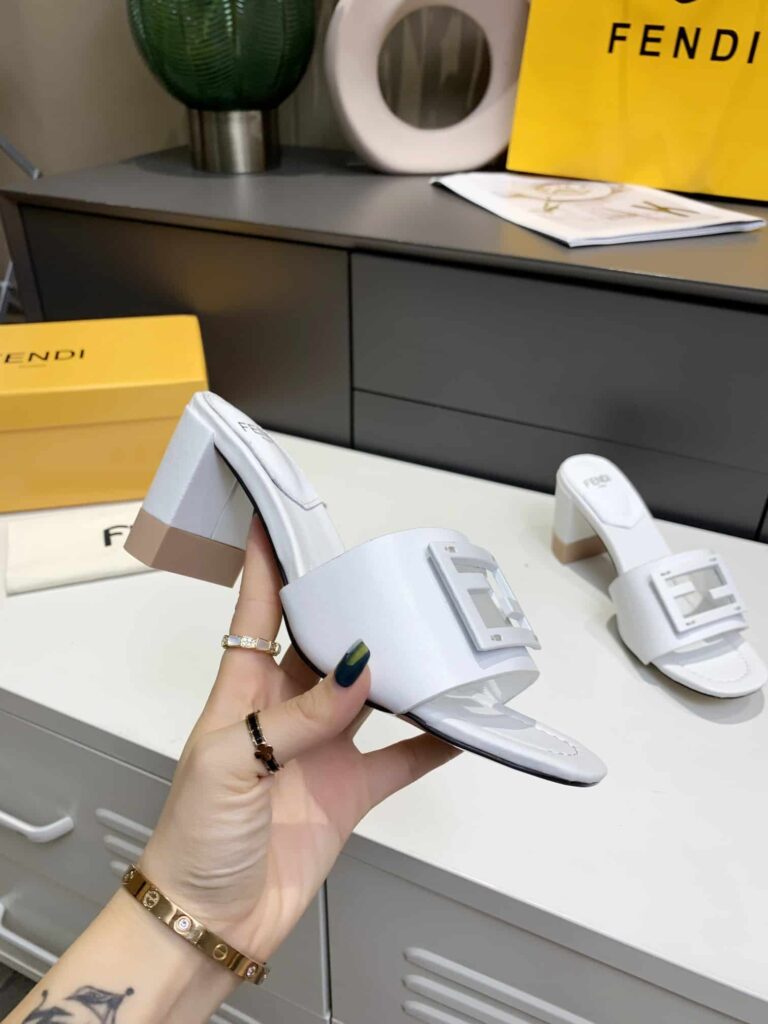 Fendi Signature Leather High Heel White - Image 4