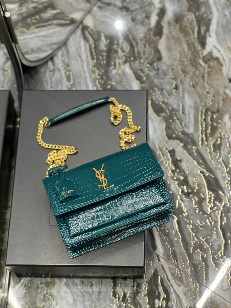 Saint Laurent Sunset Medium Chain Bag In Crocodile-Embossed Shiny Leather Mint 442906Dnd0J3144 - Image 5