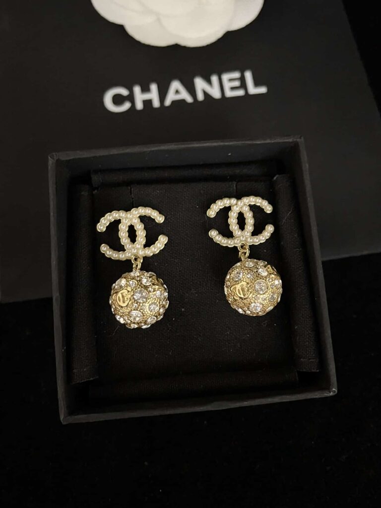 Chanel New Cc Gold Ball Crystal Pearl Drop Earrings - Image 4