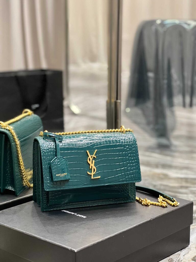 Saint Laurent Sunset Medium Chain Bag In Crocodile-Embossed Shiny Leather Mint 442906Dnd0J3144 - Image 3