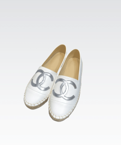 Chanel Embroidered Espadrille Leather Cap Toe Flats White Grey Logo Cc