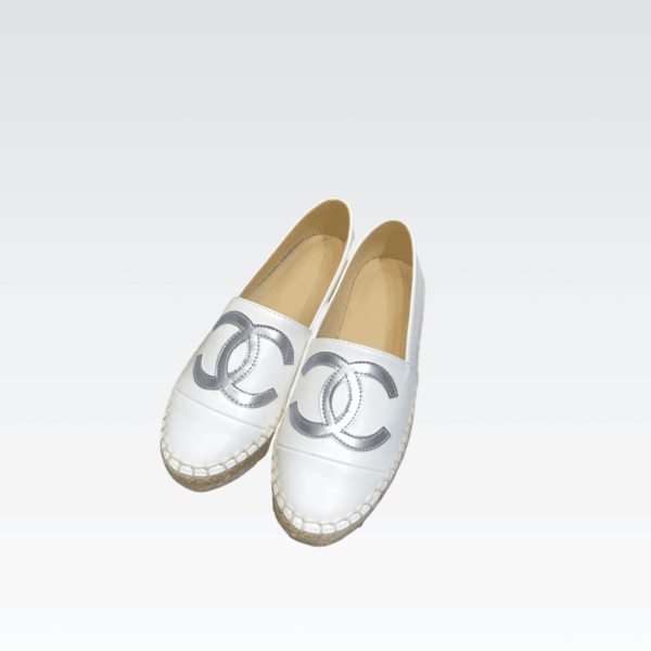 Chanel Embroidered Espadrille Leather Cap Toe Flats White Grey Logo Cc