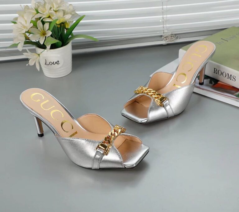 Gucci Chain Stiletto Heels Flip Flop Fish Mouth Mule Sandals Sliver - Image 3