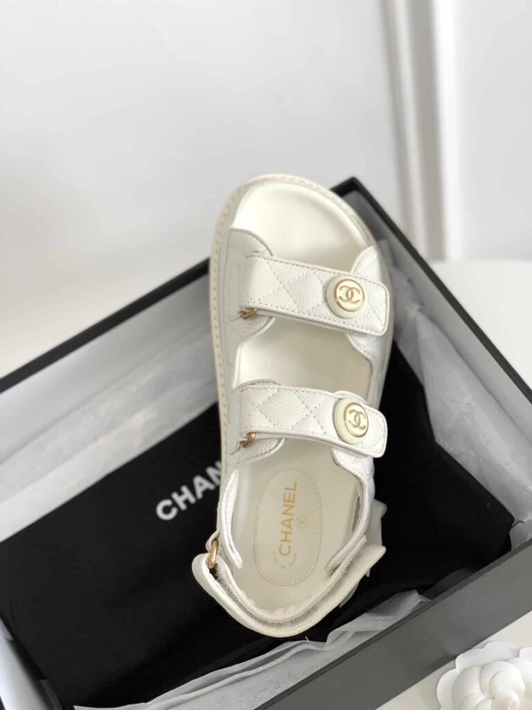 Chanel Cc Button Velcro White Sandals Grained Calfskin Leather - Image 4