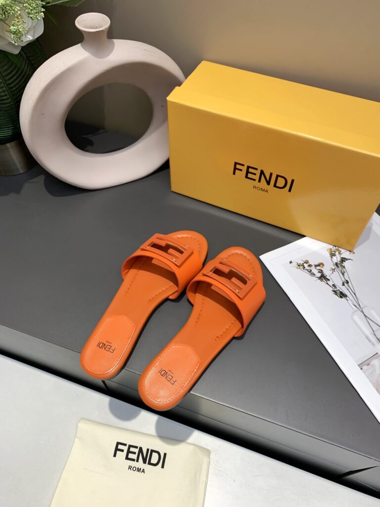 Fendi Signature Leather Sandals Slide Orange - Image 2