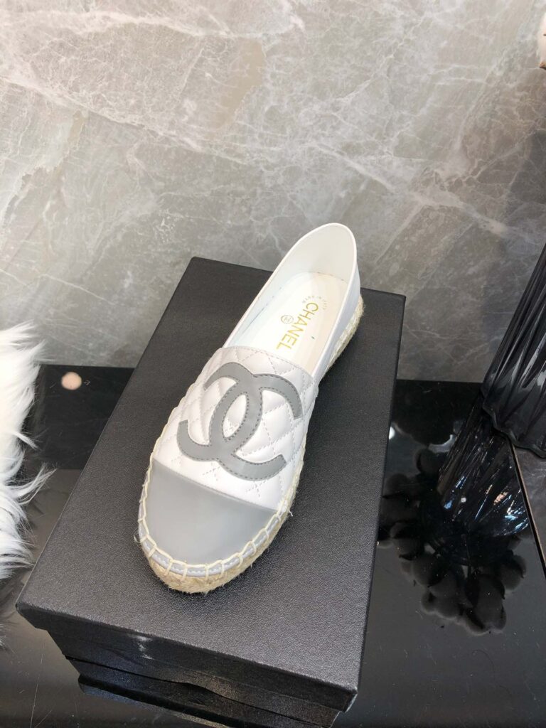 Chanel Embroidered Espadrille Leather Grey Cap Toe Flats White - Image 5
