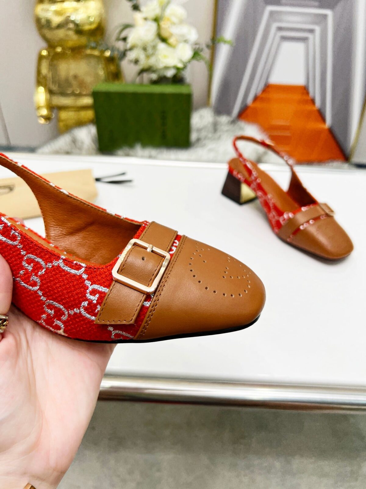 Gucci Women'S Mid Heel Slingback Brown And Red - Image 4