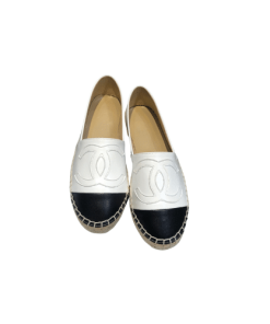 Chanel Embroidered Espadrille Leather Black Cap Toe Flats White Cc