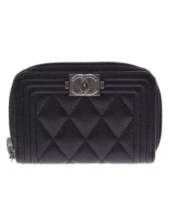 Chanel Boy Zipped Coin Black Silver Purse A80602