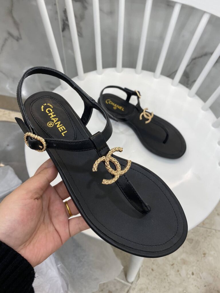 Chanel Gold Cc Logo Thong Sandals Black - Image 6
