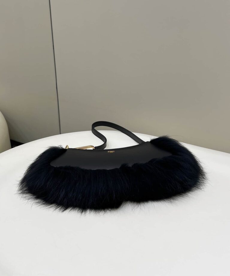 Fendi O’Lock Swing Camellia Leather And Fox Fur Pouch Black 8Bs068Als9F1Ju3 - Image 6