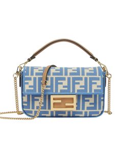 Fendi Baguette Mini Ff Jacquard Fabric Bag Blue 21Cm