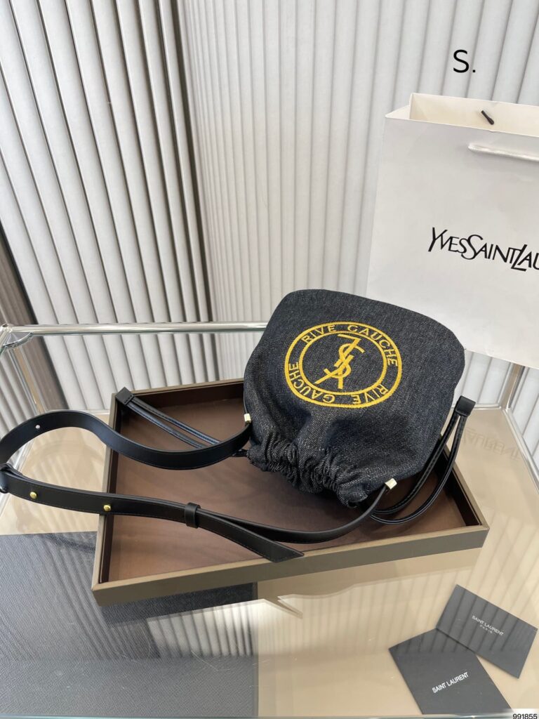 Saint Laurent Rive Gauche Laced Bucket Bag In Embroidered Felt And Smooth Leather Denim Black - Image 3