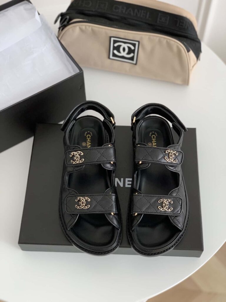 Chanel Cc Button Velcro Black Sandals Grained Calfskin Leather - Image 4
