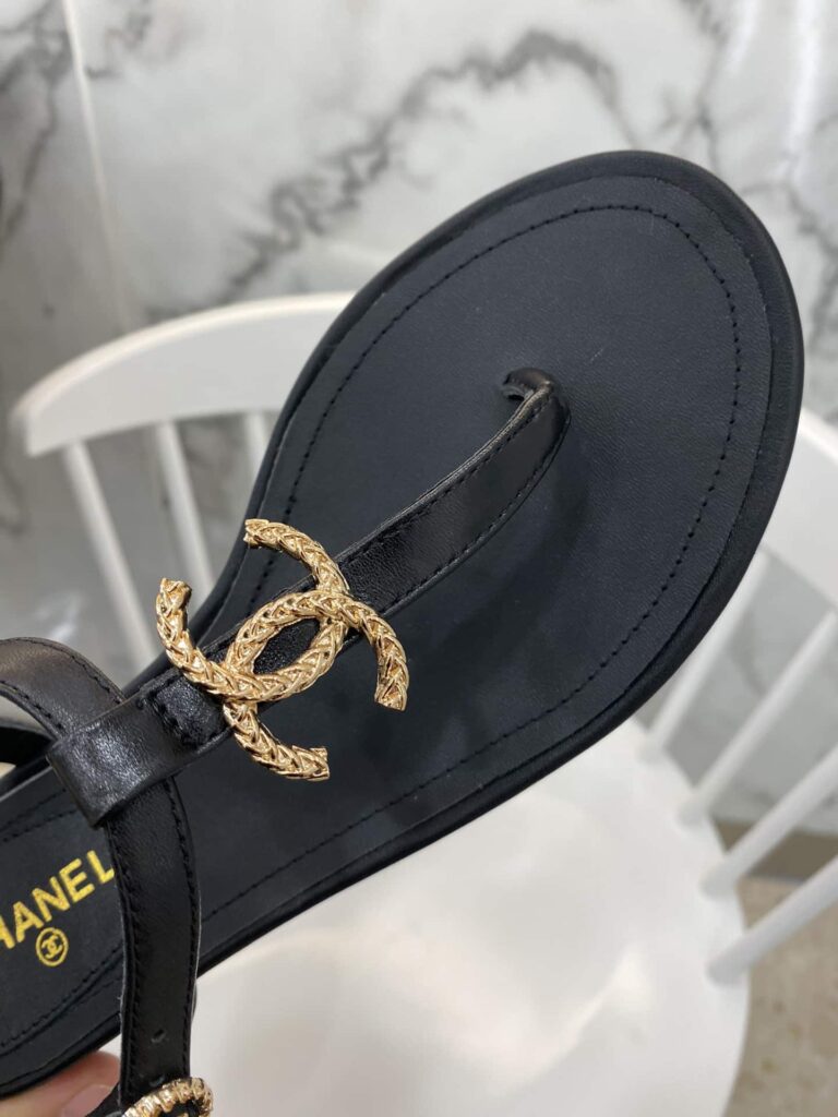 Chanel Gold Cc Logo Thong Sandals Black - Image 4