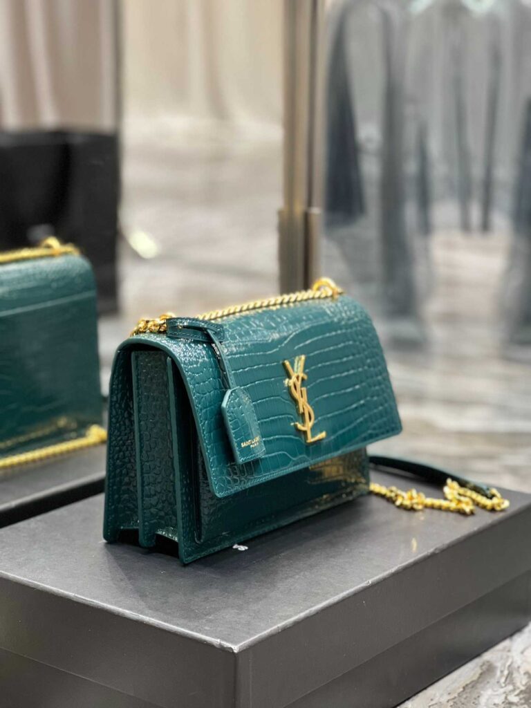 Saint Laurent Sunset Medium Chain Bag In Crocodile-Embossed Shiny Leather Mint 442906Dnd0J3144 - Image 7