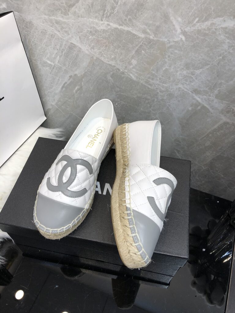 Chanel Embroidered Espadrille Leather Grey Cap Toe Flats White - Image 4