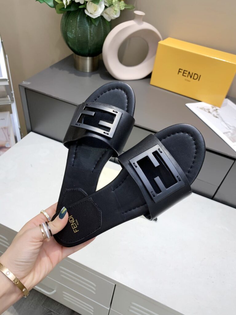 Fendi Signature Leather Sandals Slide Black 0400014271536 - Image 3