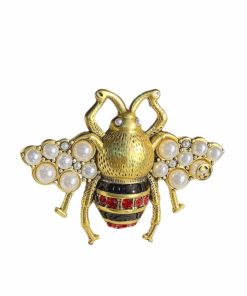 Gucci Gg Black And Red Bee Brooch Gold With Pearl