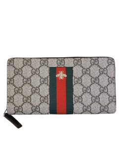 Gucci Supreme Canvas Bee Leather Wallet Long Round Zipper Web Beige Ebony 21Cm