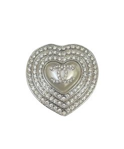 Chanel Cc Heart Brooch Silver With Pearl Heart
