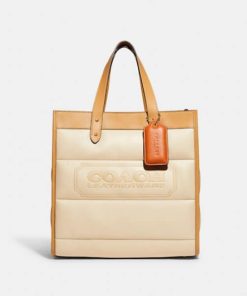 Coach Field Tote 22 With Quilting And Coach Badge White And Beige C6847