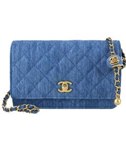 Chanel Pearl Crush On Chain Denim Bag Blue 19Cm
