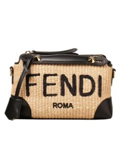 Fendi Mini 'By The Way' Straw Bag Beige And Black 25Cm